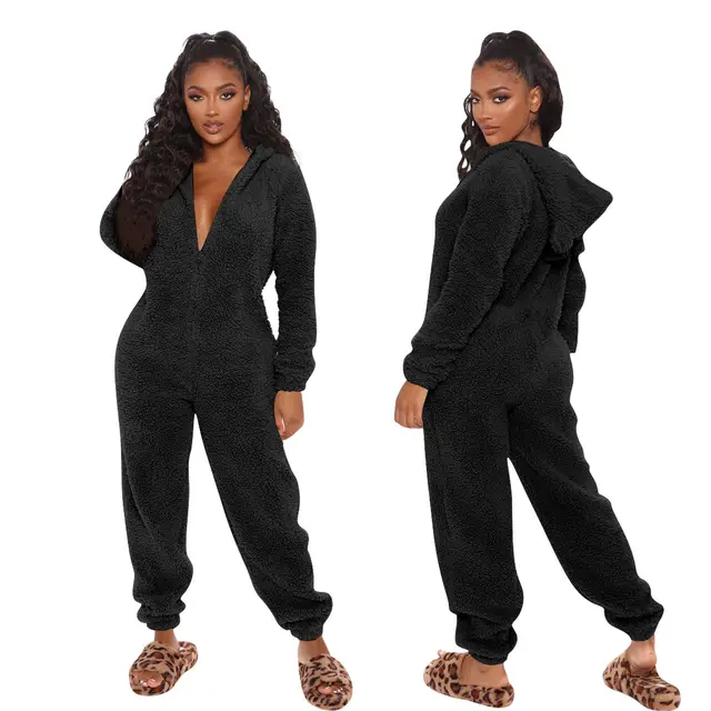 New Autumn And Winter Long Sleeve Hooded Casual Jumpsuit Trousers Plush Homewear Pajamas Cute Jumpsuit Black - Shop at LoveMi