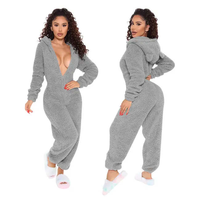 New Autumn And Winter Long Sleeve Hooded Casual Jumpsuit Trousers Plush Homewear Pajamas Cute Jumpsuit Gray - Shop at LoveMi