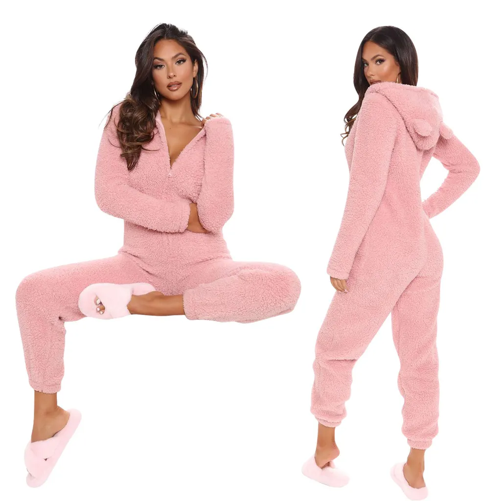 New Autumn And Winter Long Sleeve Hooded Casual Jumpsuit Trousers Plush Homewear Pajamas Cute Jumpsuit - Pink