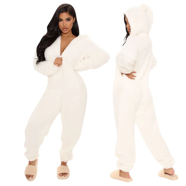 New Autumn And Winter Long Sleeve Hooded Casual Jumpsuit Trousers Plush Homewear Pajamas Cute Jumpsuit White - Shop at LoveMi