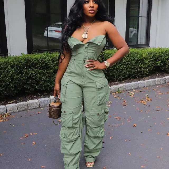 Single breasted Multi pocket Workwear Jumpsuit Army Green - Shop at LoveMi