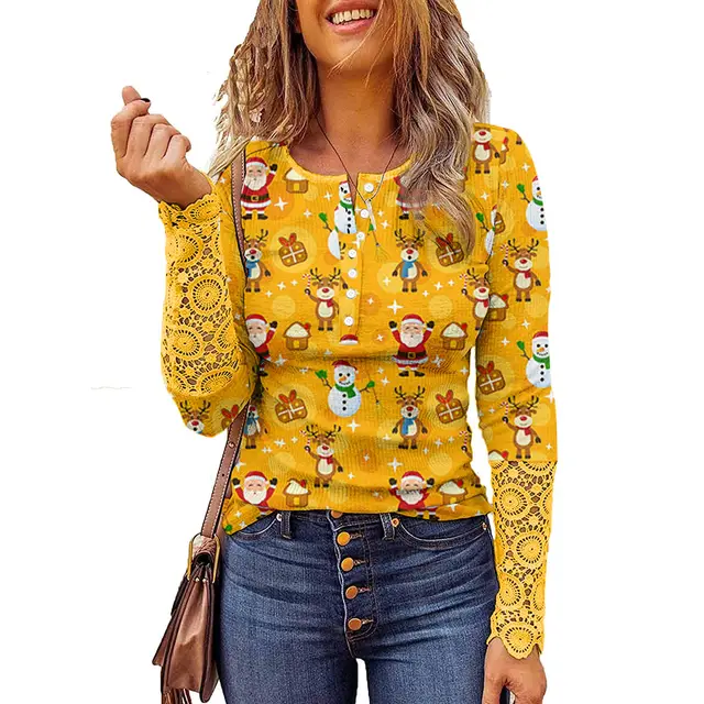 Lace Christmas Printed Button Round Neck Long Sleeve Bottoming Shirt Picture Flower 3 - Shop at LoveMi