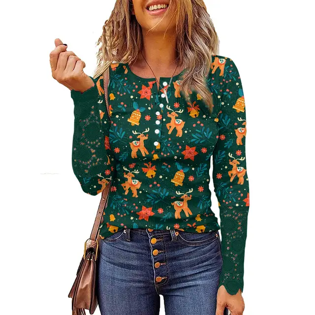 Lace Christmas Printed Button Round Neck Long Sleeve Bottoming Shirt Picture Flower 7 - Shop at LoveMi