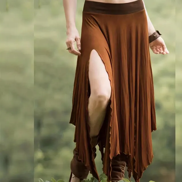 European And American Ladies Retro Fashion Hem Irregular Elastic Waist Color Contrast Patchwork Lace up Skirt Caramel - Shop at LoveMi