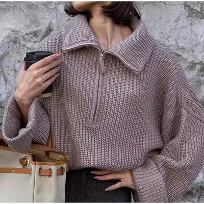Pullover Solid Color Women's Zipper Loose Casual Knitted Sweater For Women Cinnamon - Shop at LoveMi