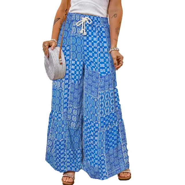 Floral Casual Pants Trousers Color Matching Blue - Shop at LoveMi