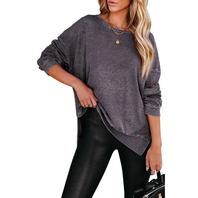 Knitted Side Slit Pullover Women Loose All matching Long Sleeve Top Gray - Shop at LoveMi