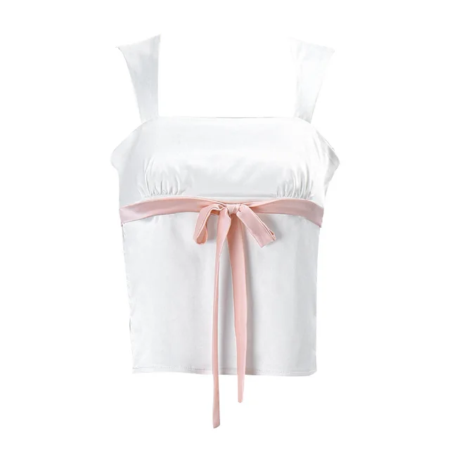 Women's Sweet Bow Contrast Color Lace up Boat Neck Vest White - Shop at LoveMi
