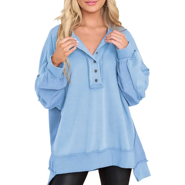New Women's Round Neck Solid Color Top Light Blue - Shop at LoveMi