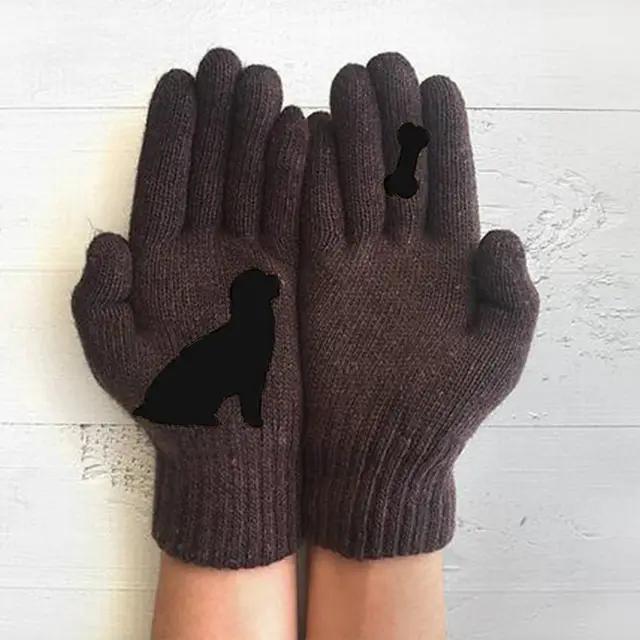 Women's Knitting Wool Gloves Autumn And Winter Finger Warm Thickened Puppy Bone Cute Printed Gloves Brown - Shop at LoveMi