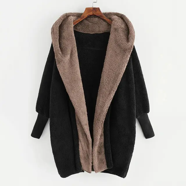 Foreign Trade Women's Clothing Color Double sided Velvet Hooded Loose Cardigan Coat Black Khaki - Shop at LoveMi
