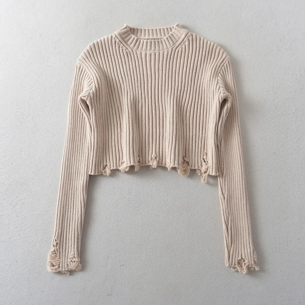 Frayed Round Neck Pullover High Waist Short Thickened Sweater Khaki - Shop at LoveMi
