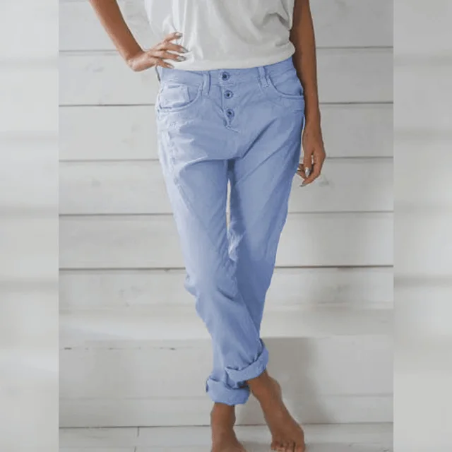 Solid Color Cotton And Linen Fashion Loose High Waist Casual Trousers Light Blue - Shop at LoveMi