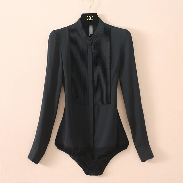 Stand Collar Organ Pleated Chiffon Shirt One piece Black - Shop at LoveMi