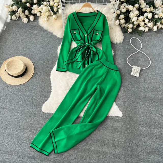 Contrast Color Suit Women's Long Sleeve V neck Lace up Knitwear Draping Wide Leg Trousers Two piece Set Emerald Green - Shop at LoveMi