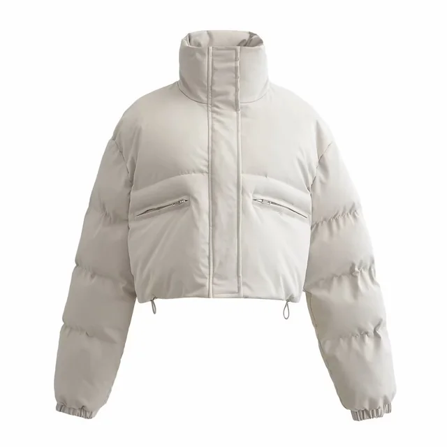 Stand Collar Zipper Short Down Coat Winter Thermal Cotton Coat Beige Apricot - Shop at LoveMi