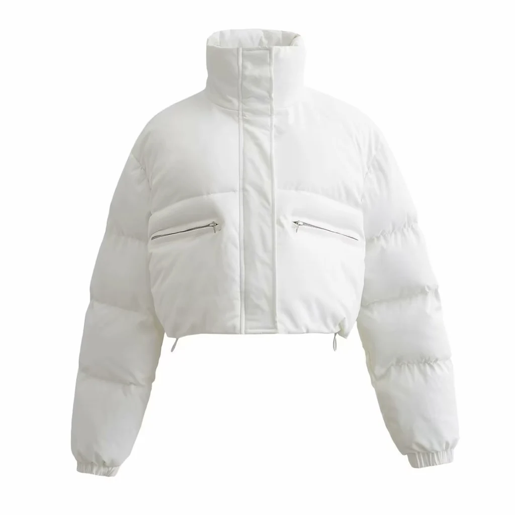 Stand Collar Zipper Short Down Coat Winter Thermal Cotton Coat - White