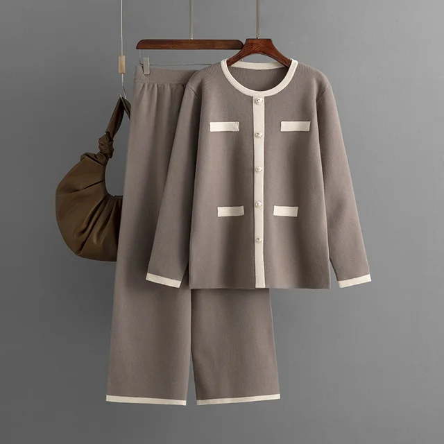 Knitted Wide leg Pants Two piece Set Classic Style Light Coffee - Shop at LoveMi