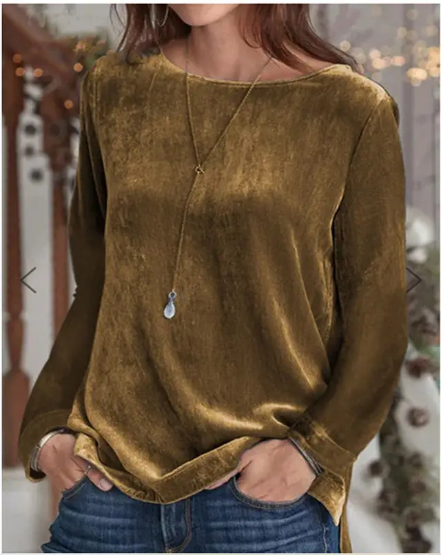 Solid Color Velvet Round Neck Pullover Long Sleeve Sweater Brown - Shop at LoveMi