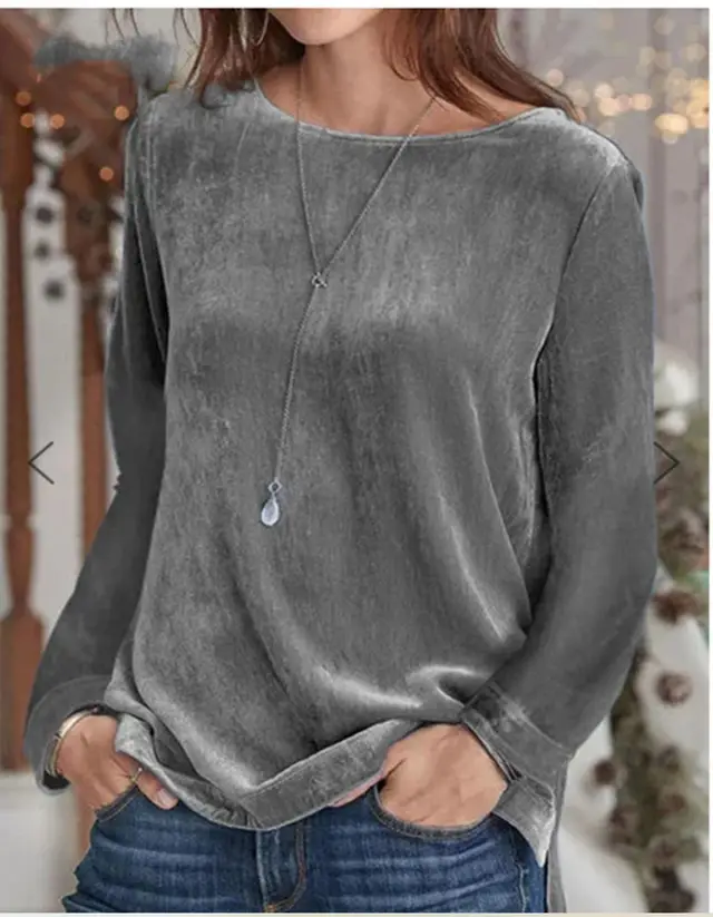Solid Color Velvet Round Neck Pullover Long Sleeve Sweater Gray - Shop at LoveMi