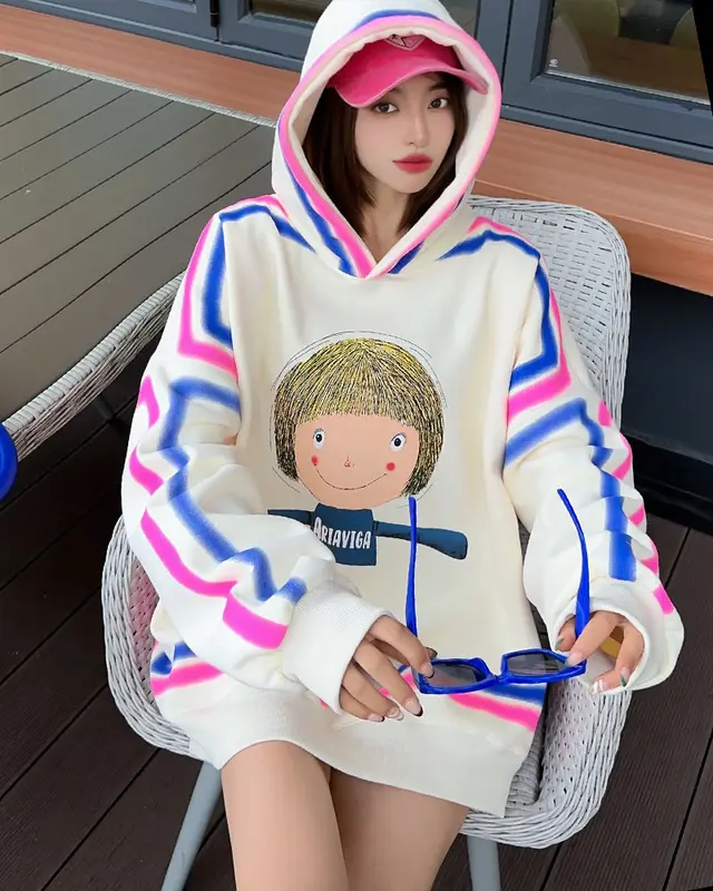 Cartoon Pattern Tie dye Velvet Padded Hooded Sweatshirt Women Beige - Shop at LoveMi