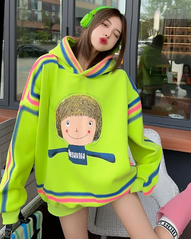 Cartoon Pattern Tie dye Velvet Padded Hooded Sweatshirt Women Fluorescent Green - Shop at LoveMi