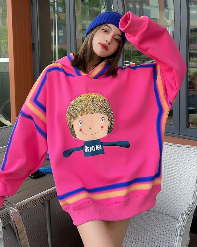 Cartoon Pattern Tie dye Velvet Padded Hooded Sweatshirt Women Rose - Shop at LoveMi