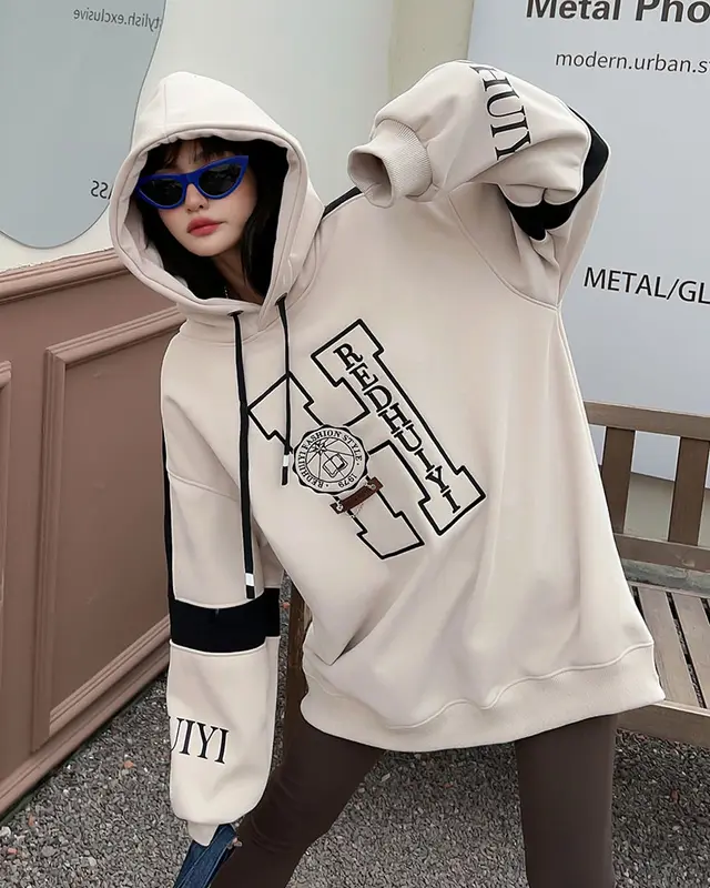 Women's Casual Embroidered Letters Velvet Padded Hooded Sweatshirt Apricot - Shop at LoveMi