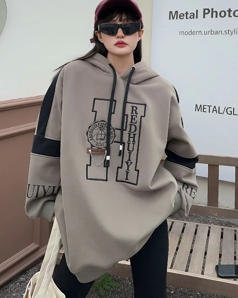 Women's Casual Embroidered Letters Velvet Padded Hooded Sweatshirt Army Green - Shop at LoveMi