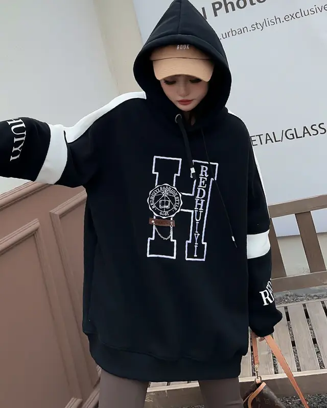 Women's Casual Embroidered Letters Velvet Padded Hooded Sweatshirt Black - Shop at LoveMi