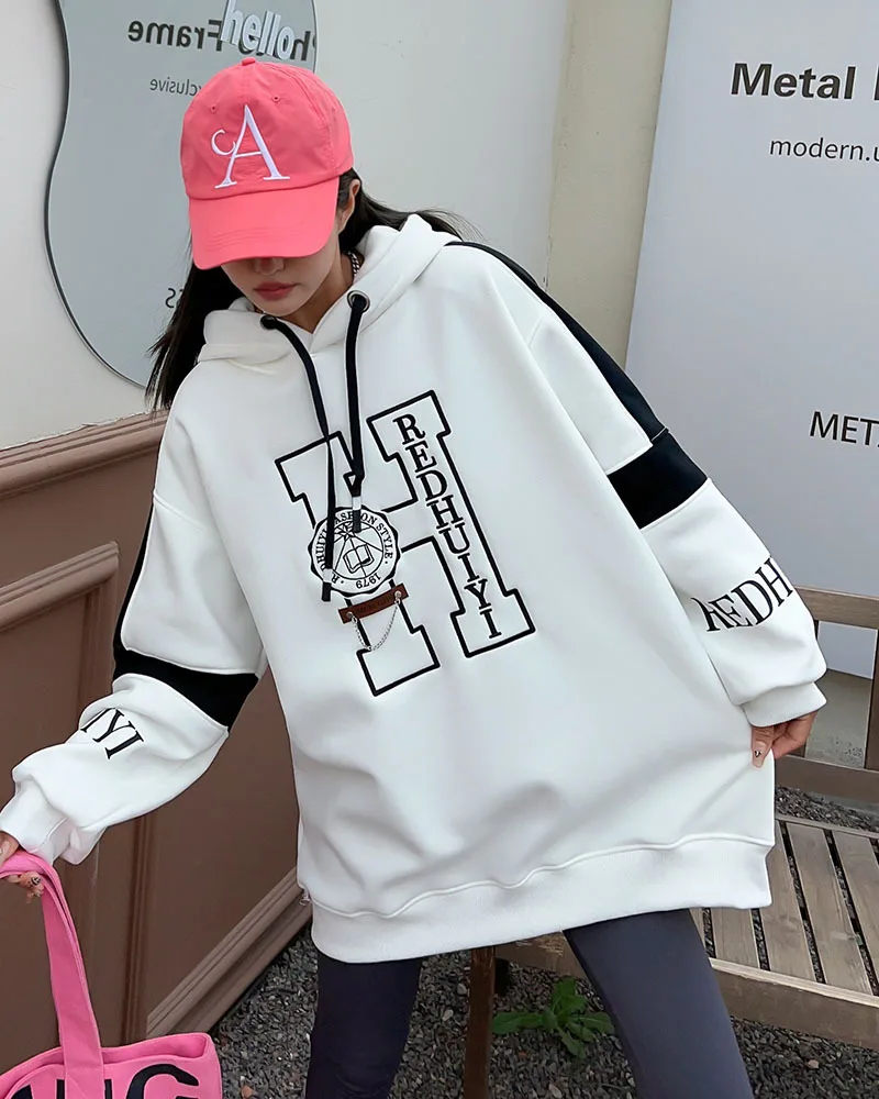 Women's Casual Embroidered Letters Velvet Padded Hooded Sweatshirt White - Shop at LoveMi
