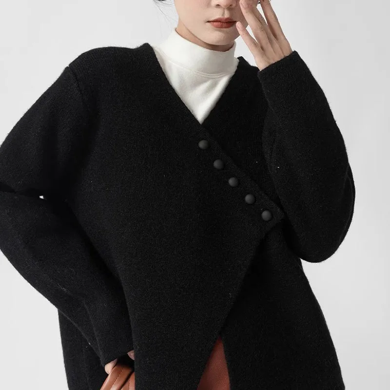 Irregular Diagonal Button Sweater Coat Female Loose Knitted Cardigan Black - Shop at LoveMi