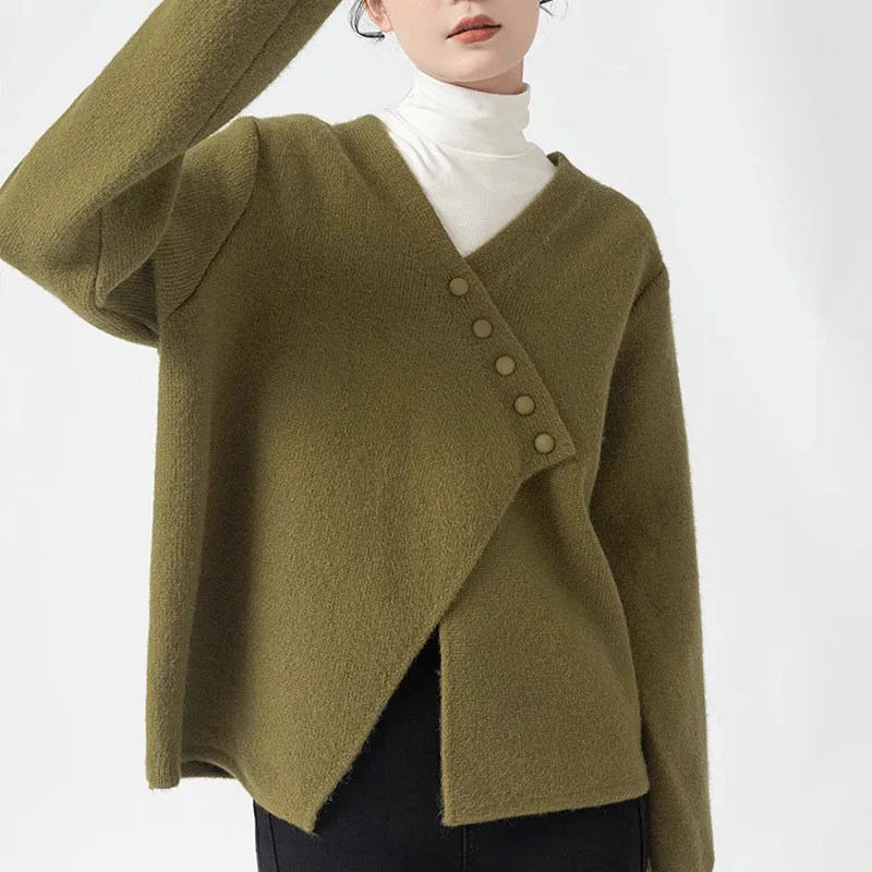 Irregular Diagonal Button Sweater Coat Female Loose Knitted Cardigan Matcha - Shop at LoveMi