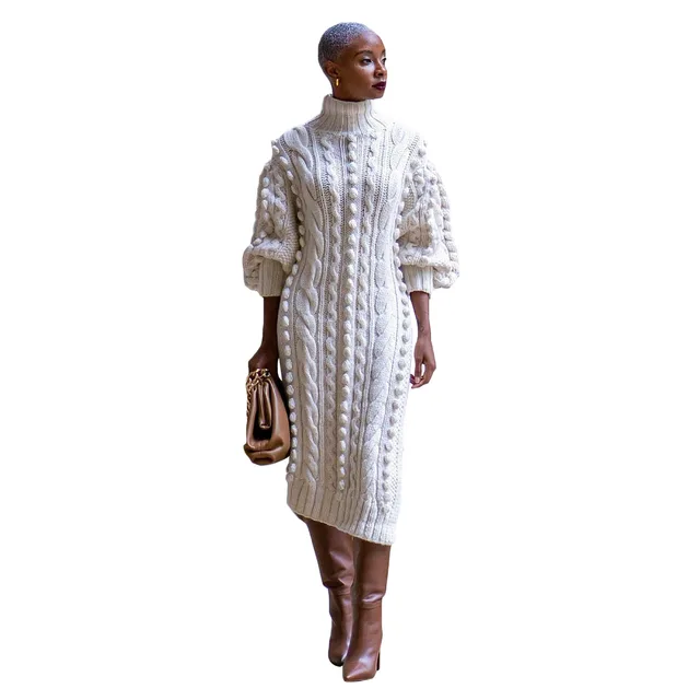 Women's Casual Turtleneck Slit Knitted Long Dress Creamy White - Shop at LoveMi