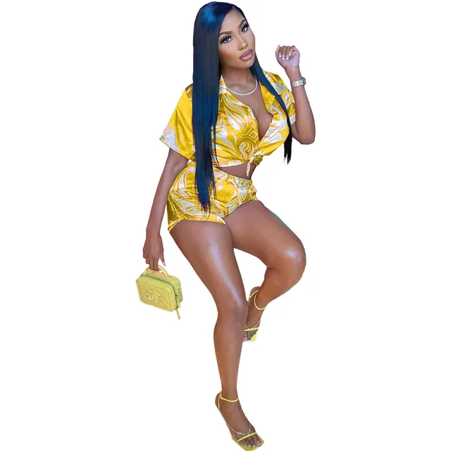 Summer Stretch Satin Printed Shirt Short Two piece Set Gold Yellow - Shop at LoveMi