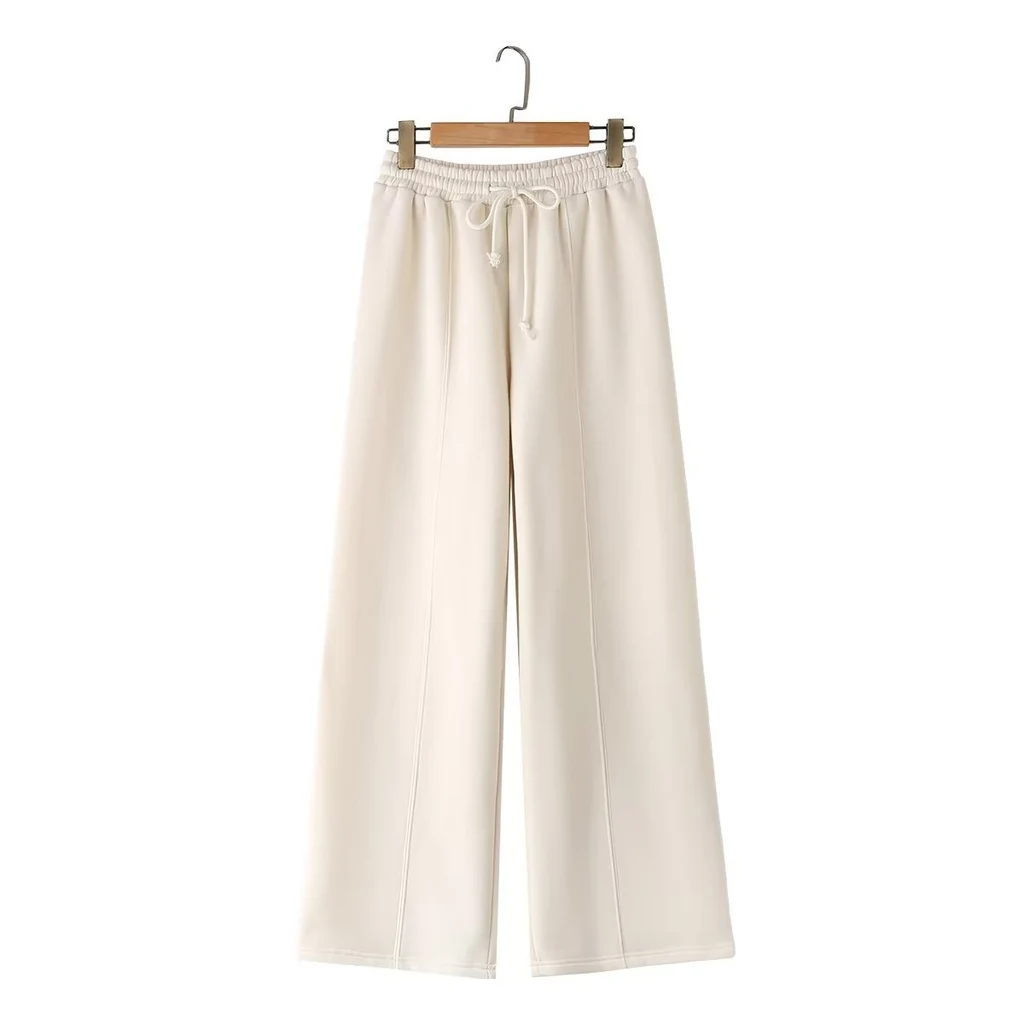 Zipper Bomber Jacket Coat Sweater Loose High Waist Flannel Pants - Beige Casual Pants