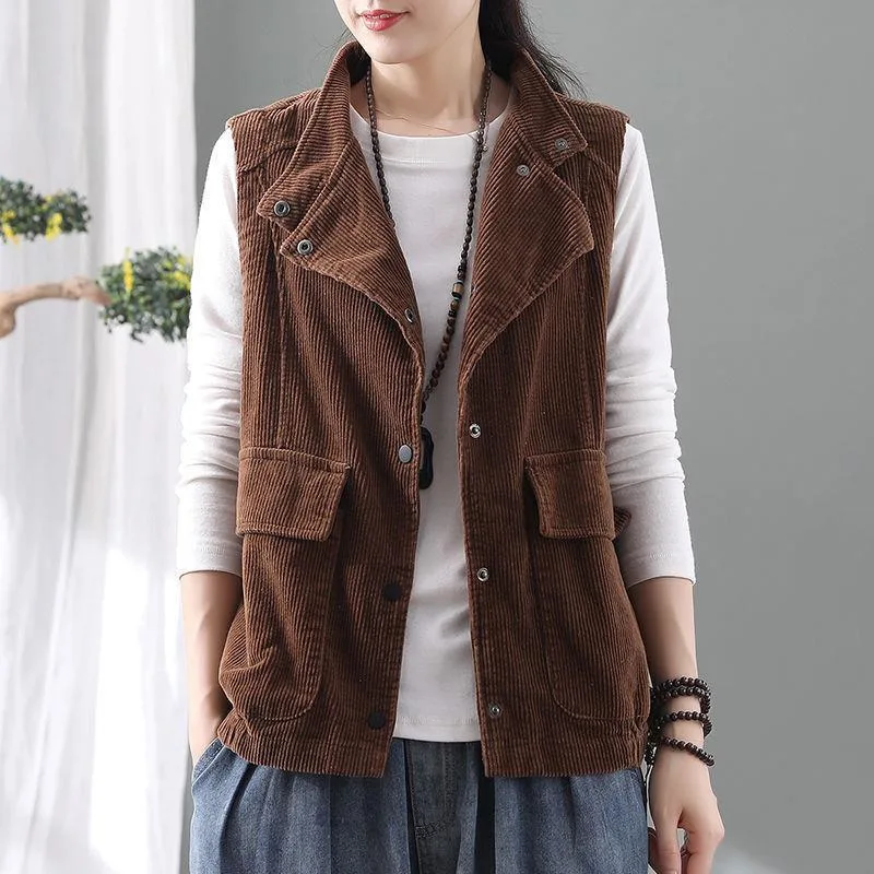 Double layer Corduroy Cardigan Vest Women's Coat Waistcoat Lapel Top Retro Brown - Shop at LoveMi