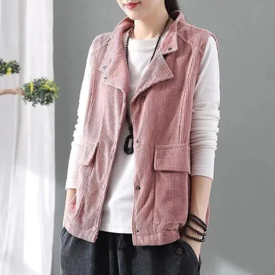 Double layer Corduroy Cardigan Vest Women's Coat Waistcoat Lapel Top Retro Pink - Shop at LoveMi
