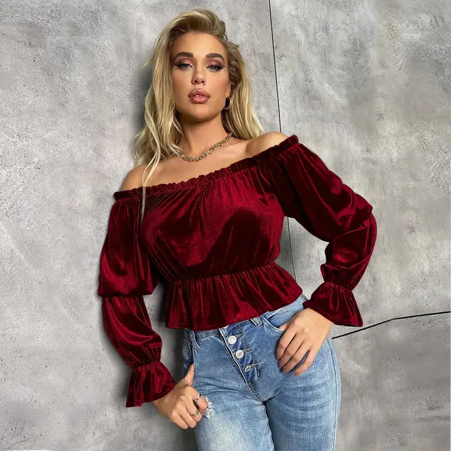 French Style Velvet Long Sleeve T shirt Top For Women Wine Red - Shop at LoveMi