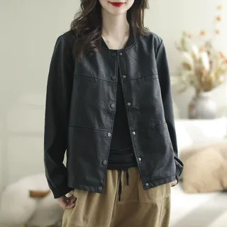 Autumn Women's Black Top Fashion Casual PU Leather Jacket - Black