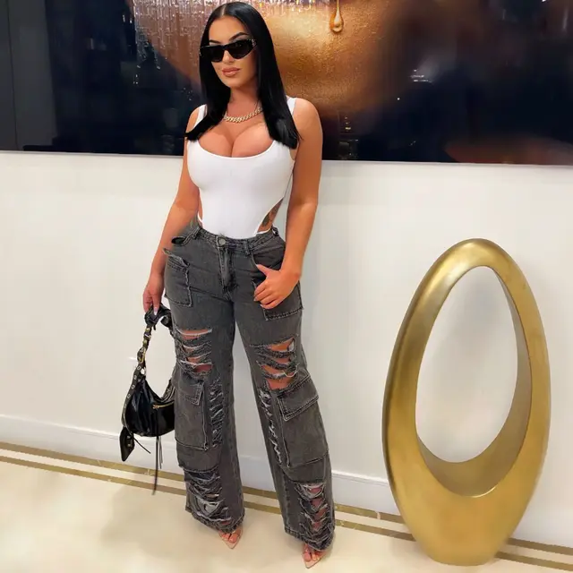 Ripped Burnt out Workwear Bag Slightly Flared Denim Trousers Dark Gray 1 - Shop at LoveMi