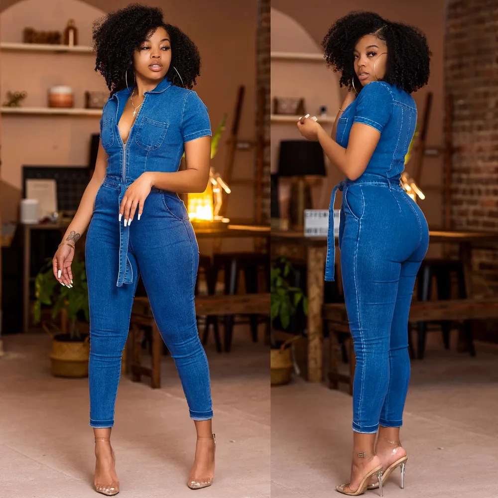 Washed Fashionable Sleeveless One piece Denim Trousers Denim Blue - Shop at LoveMi