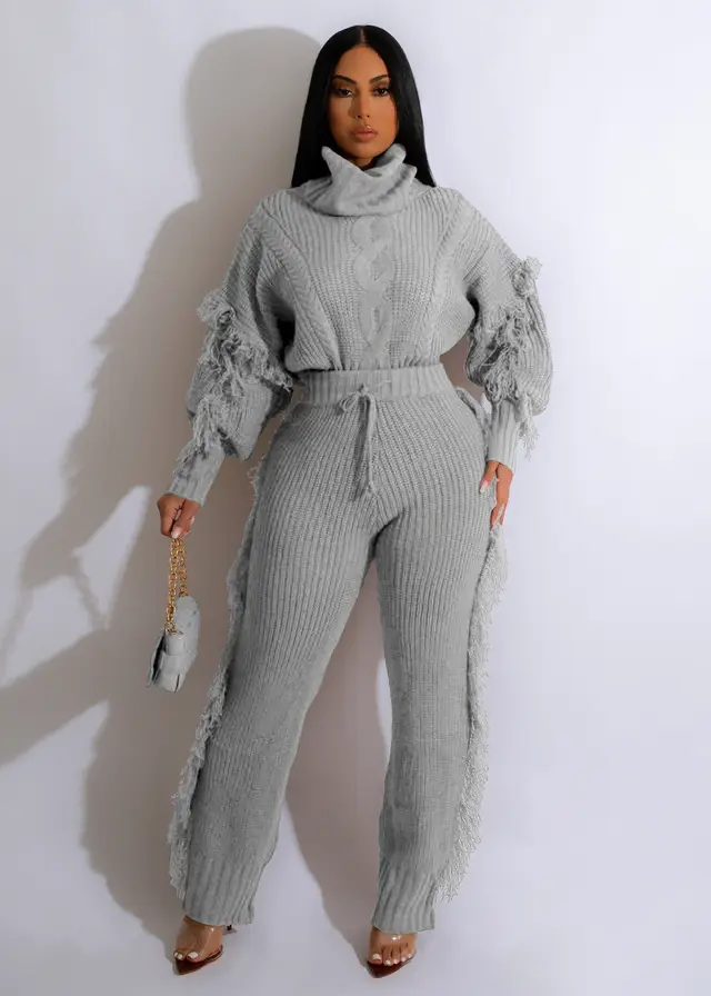 Casual Solid Color Knitted Long Sleeve Turtleneck Tassel Suit Gray 4 - Shop at LoveMi