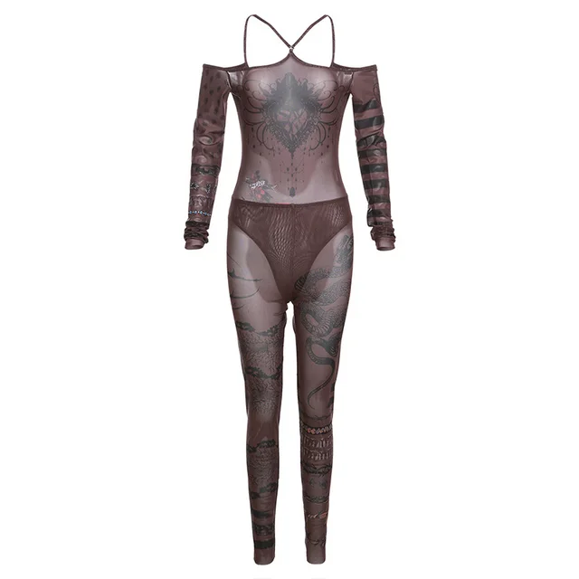 Off shoulder Mesh Floral Print Jumpsuit High Waist Trousers Suit Women Black - Shop at LoveMi