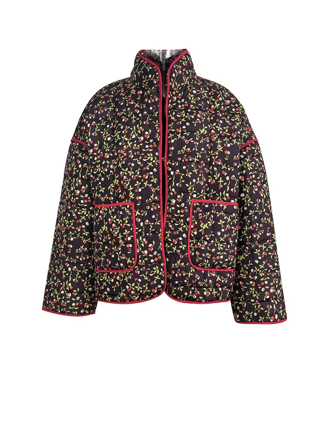 Quilted Cotton Printed Contrast Color Cotton Coat For Women Black Small Floral - Shop at LoveMi