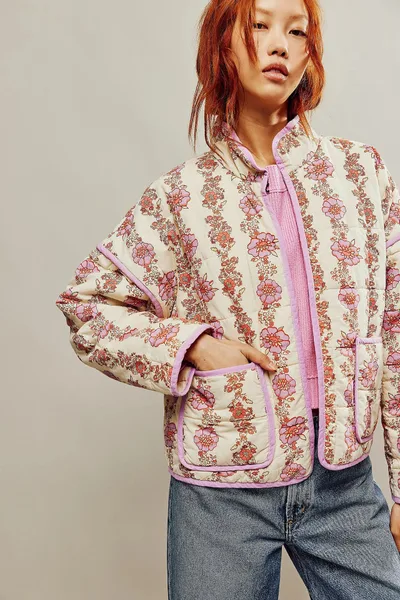 Quilted Cotton Printed Contrast Color Cotton Coat For Women Pink - Shop at LoveMi
