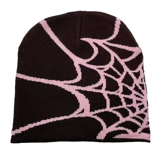 Spider Web Jacquard Knitted Hat Cold Protection In Autumn And Winter Black And Pink - Shop at LoveMi