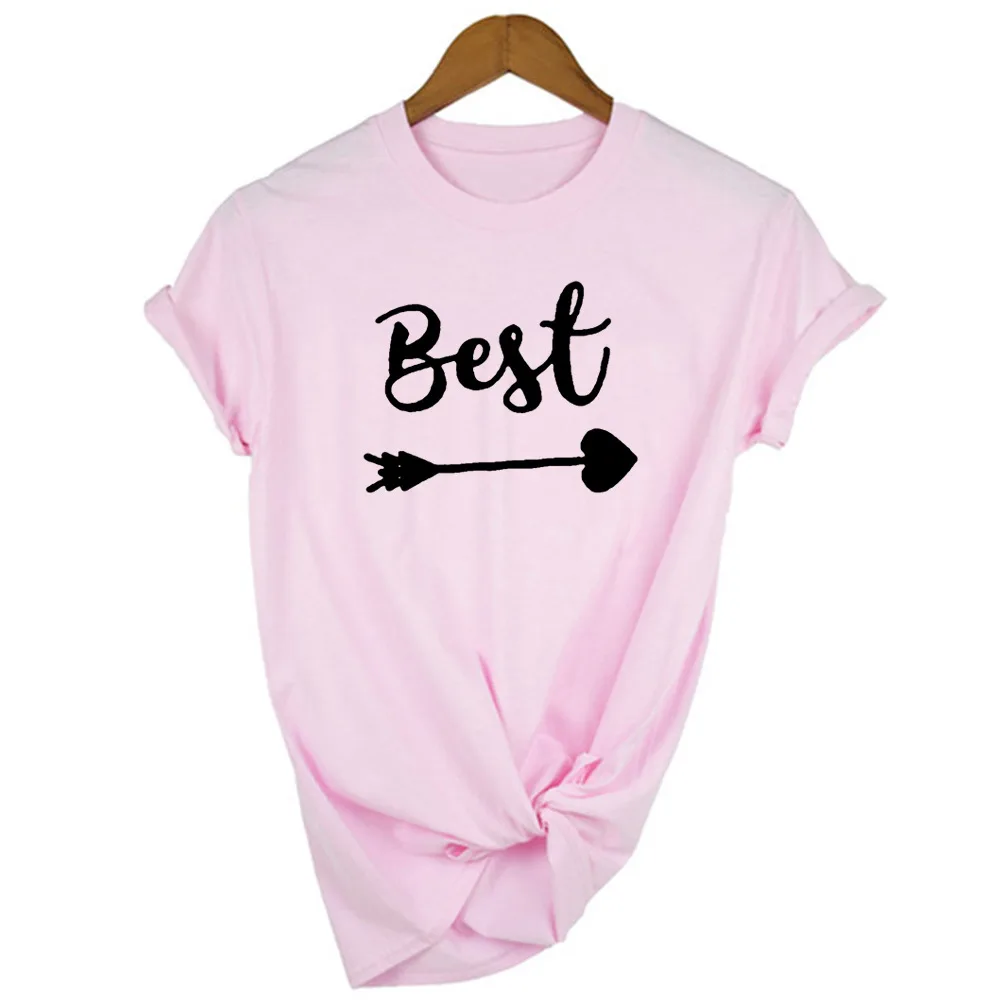 Good Friend Girlfriends Letter Print White Round Neck Short Sleeve Loose Women's T shirt 24647 Pink - Shop at LoveMi