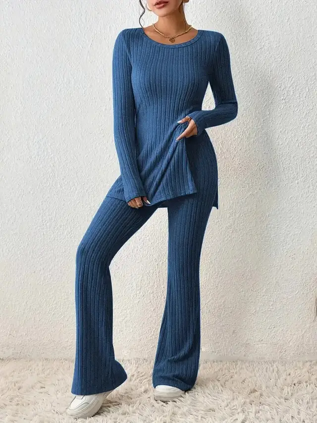 Polyester Women's Clothing Solid Color Casual Slim New Fashion Women Elegant Outfit Navy Blue - Shop at LoveMi