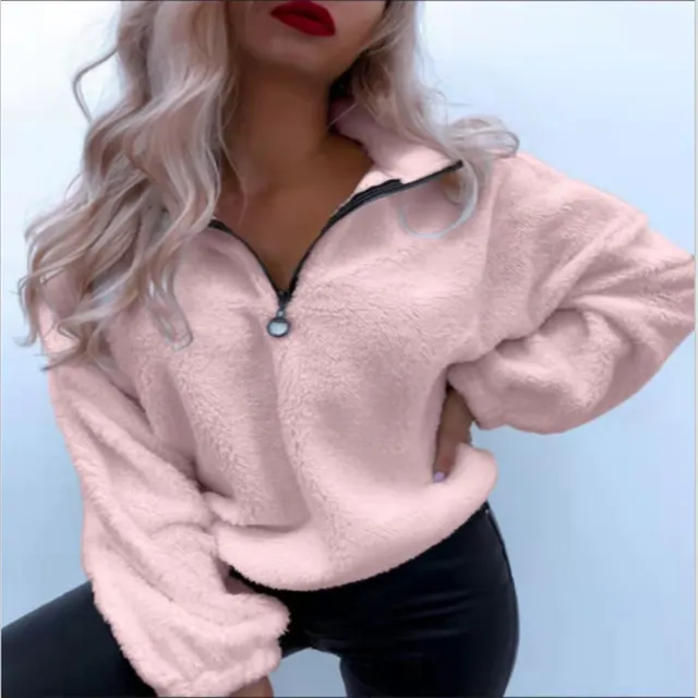 Women's Long sleeved Lapel Flannel Sweater Pink - Shop at LoveMi